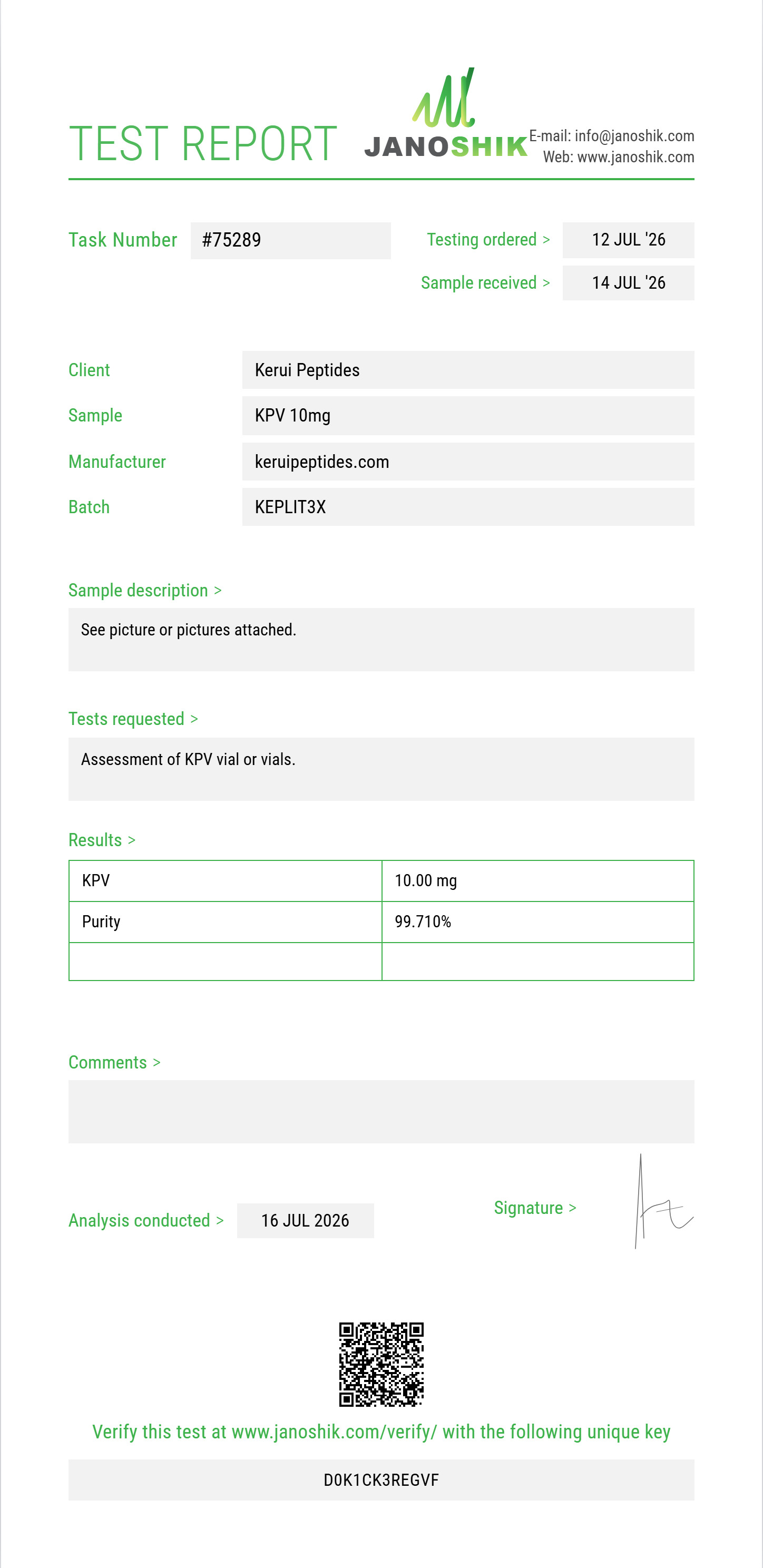 KPV Purity (HPLC) report by Janoshik Analytical