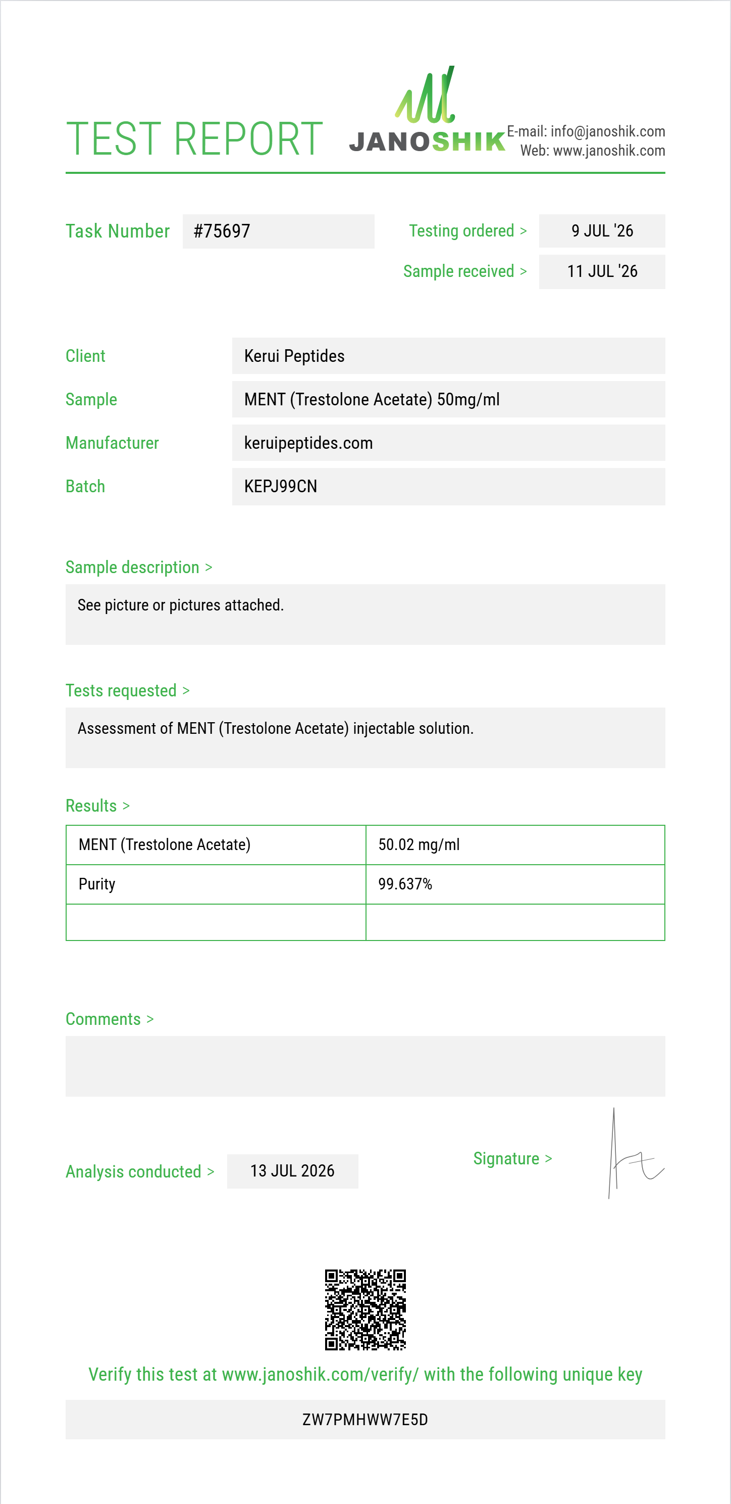 MENT (Trestolone Acetate) Purity (HPLC) report by Janoshik Analytical