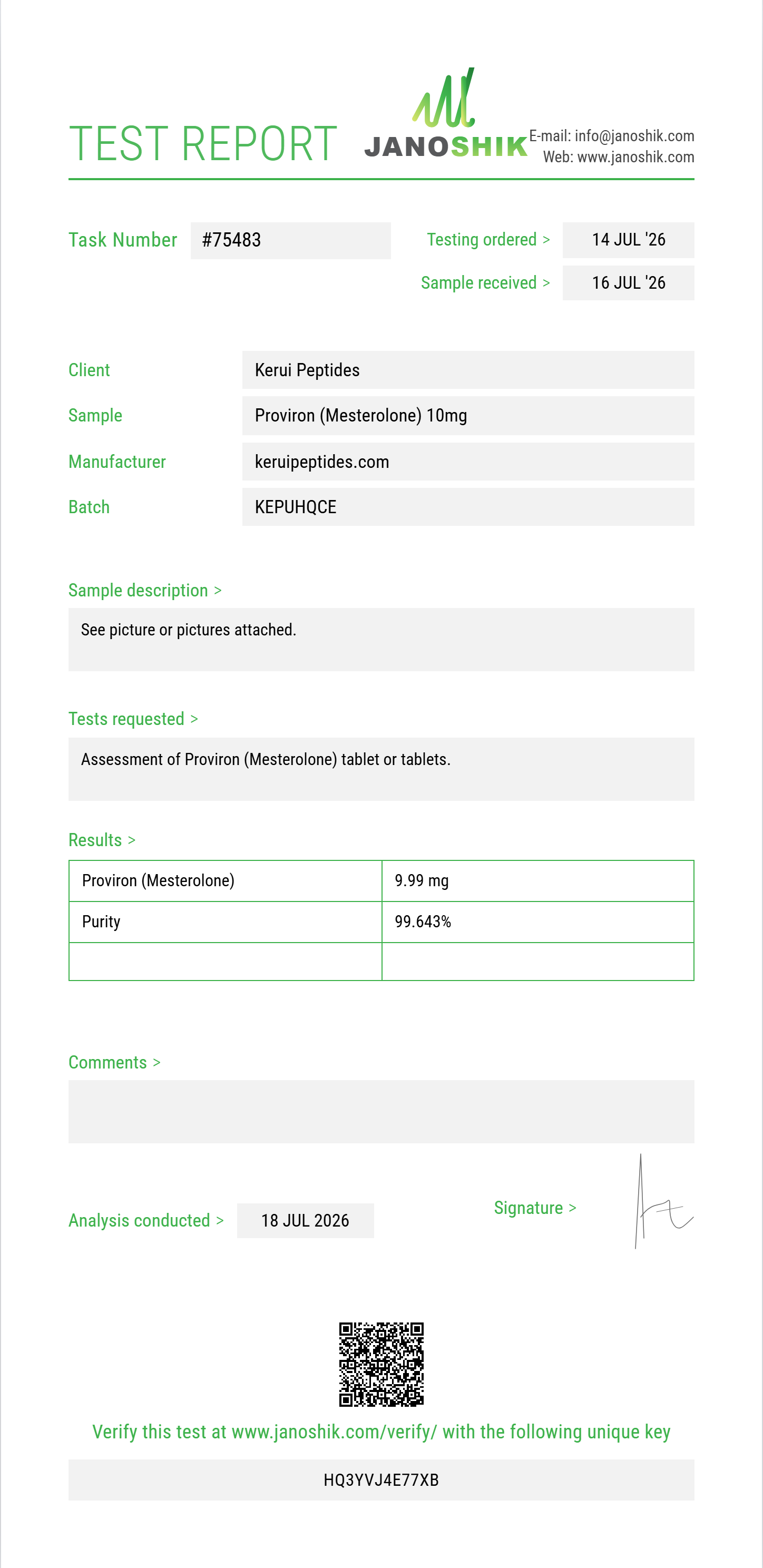 Proviron (Mesterolone) Purity (HPLC) report by Janoshik Analytical