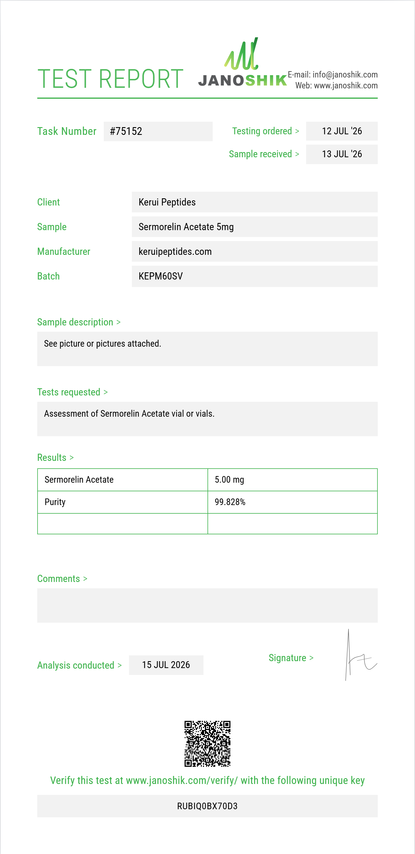 Sermorelin Acetate Purity (HPLC) report by Janoshik Analytical