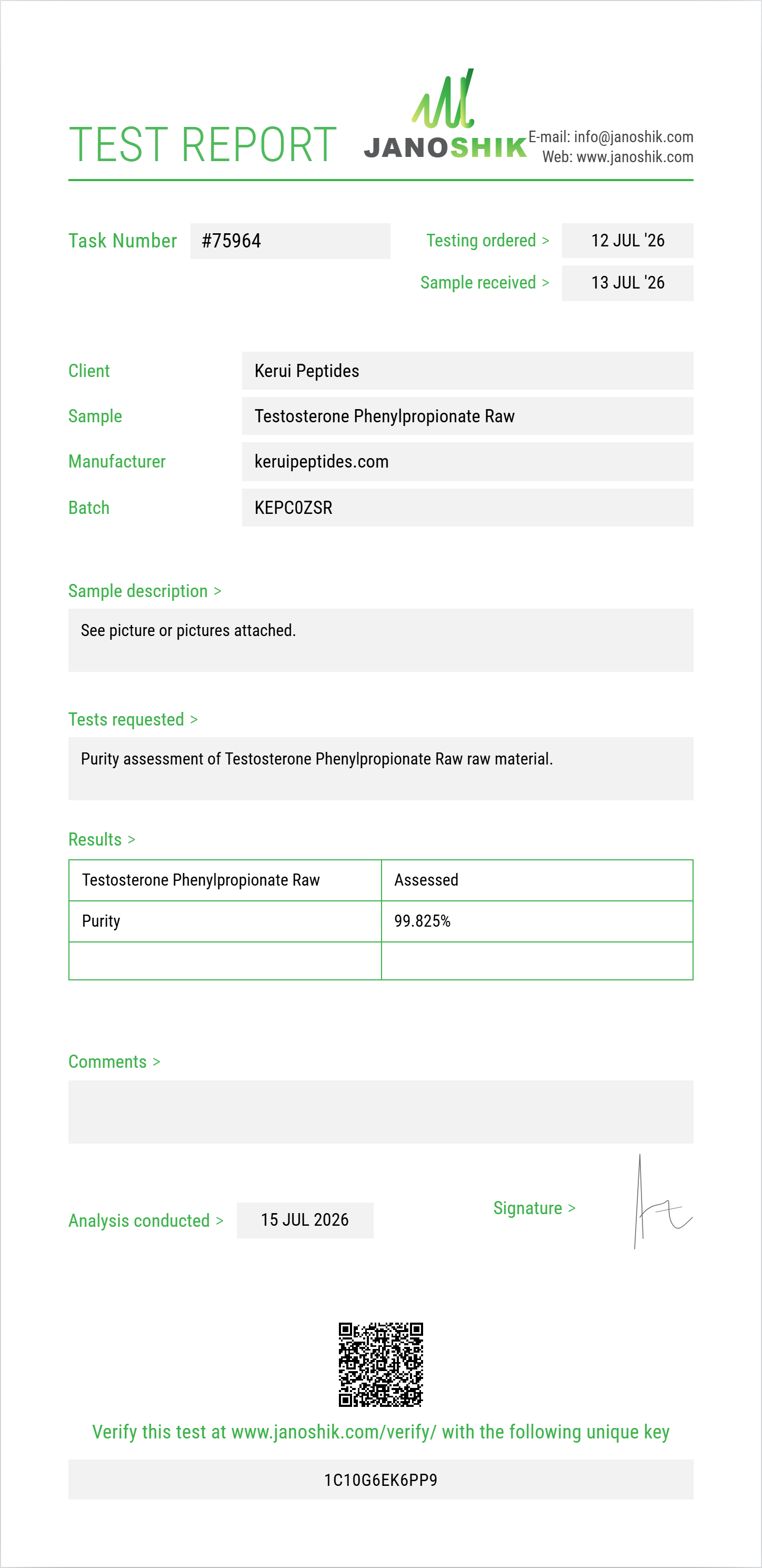 Testosterone Phenylpropionate Raw Purity (HPLC) report by Janoshik Analytical